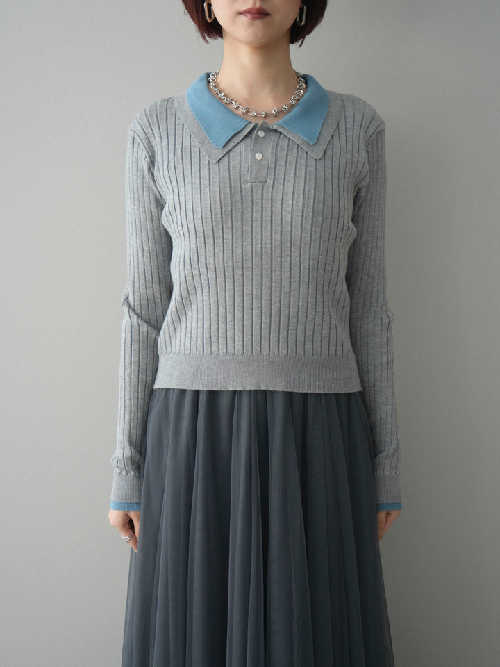[予約]ダブル襟ポロリブニットトップス/gray