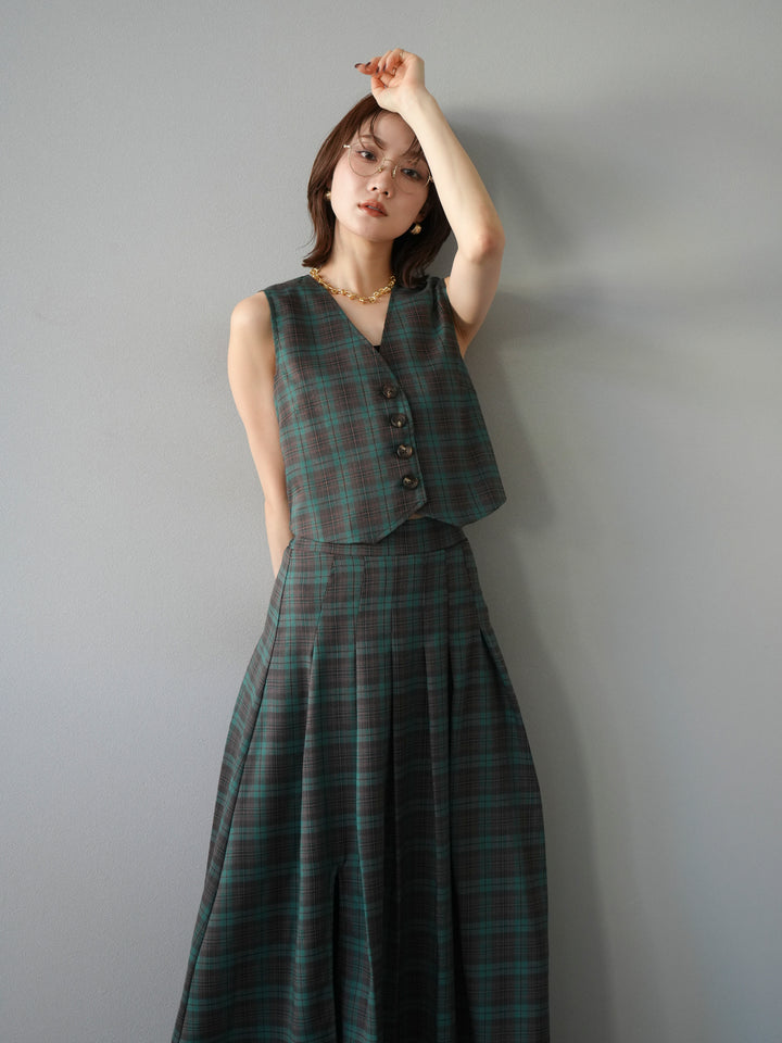 [SET] 格紋背心+格紋褶皺喇叭裙（2套）