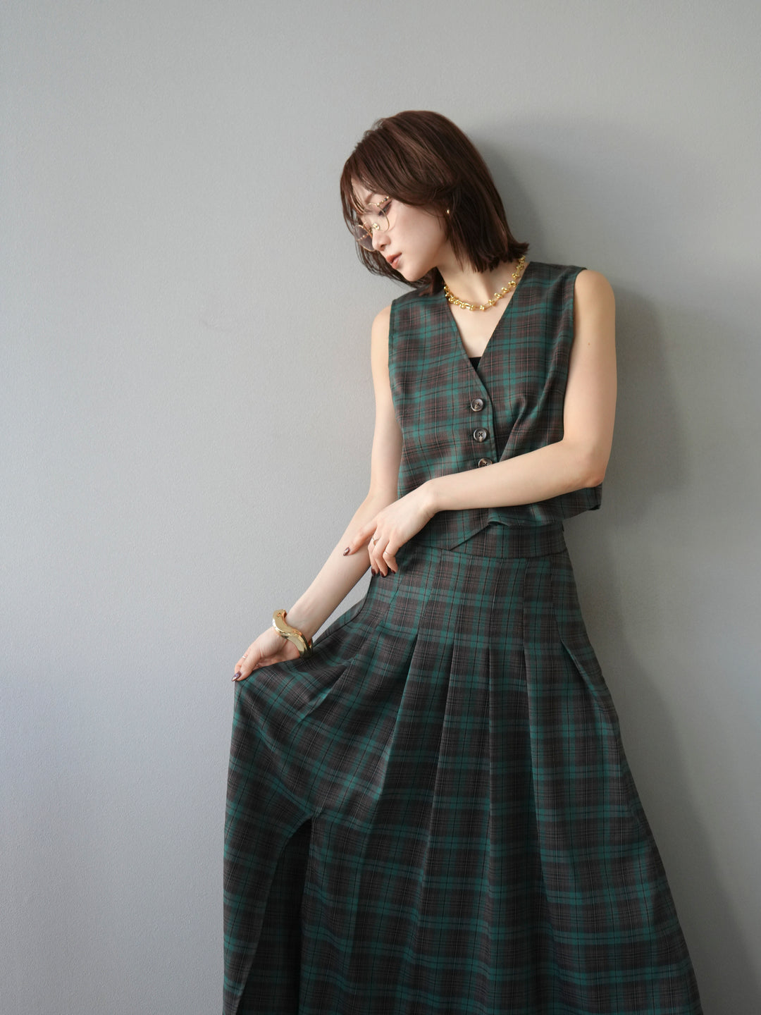 [SET] 格紋背心+格紋褶皺喇叭裙（2套）