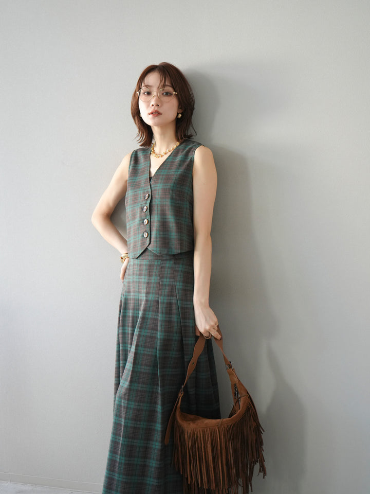 [SET] 格紋背心+格紋褶皺喇叭裙（2套）