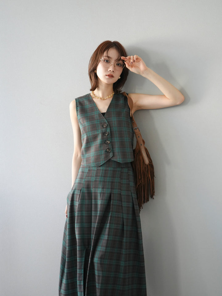 [SET] 格紋背心+格紋褶皺喇叭裙（2套）