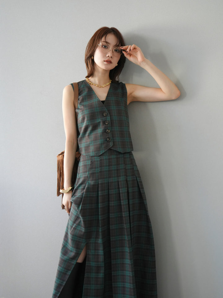 [SET] 格紋背心+格紋褶皺喇叭裙（2套）
