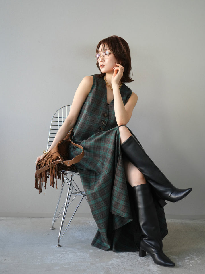 [SET] 格紋背心+格紋褶皺喇叭裙（2套）