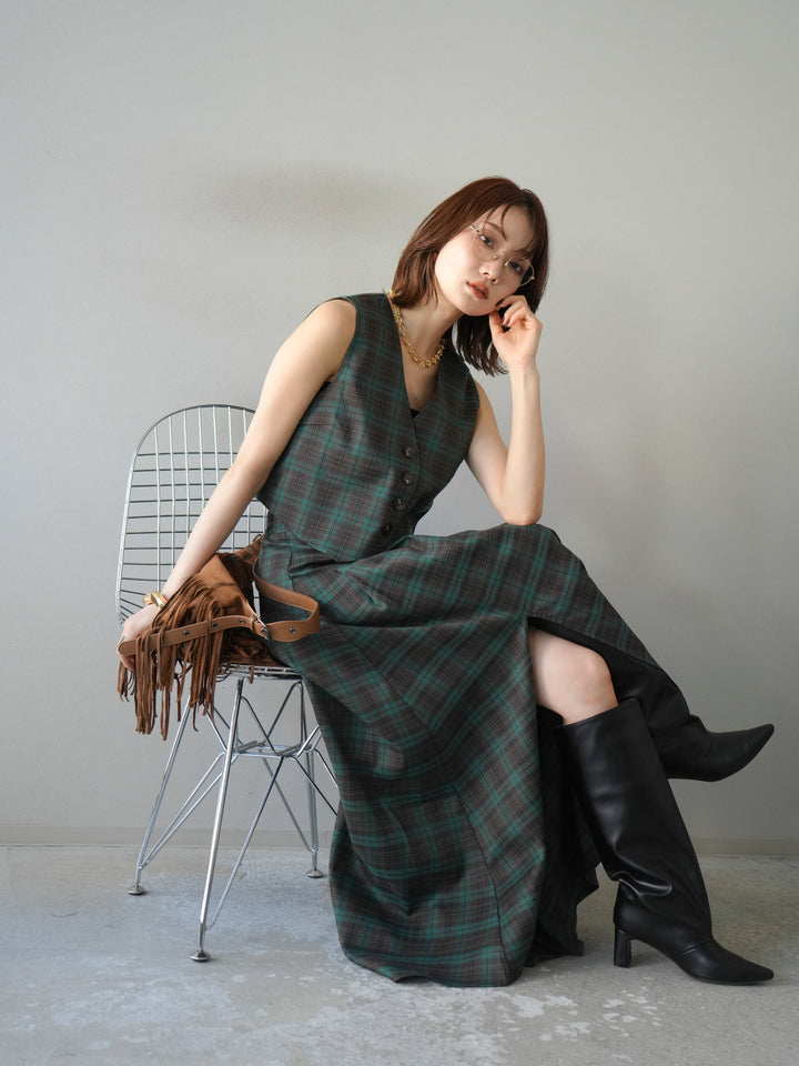 [SET] 格紋背心+格紋褶皺喇叭裙（2套）