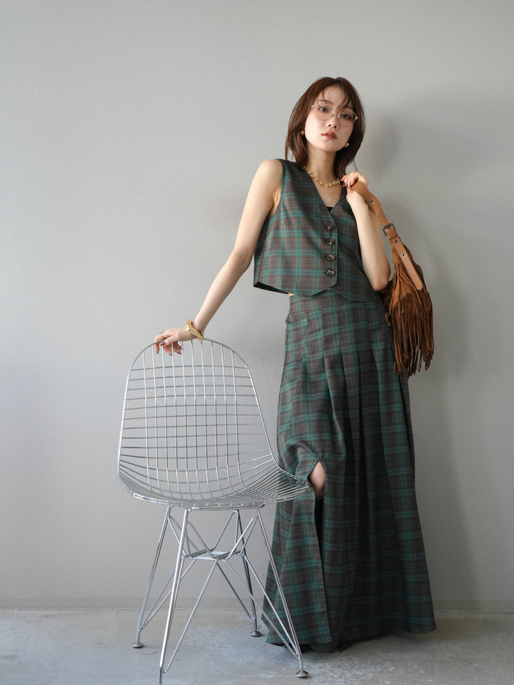 [SET] 格紋背心+格紋褶皺喇叭裙（2套）