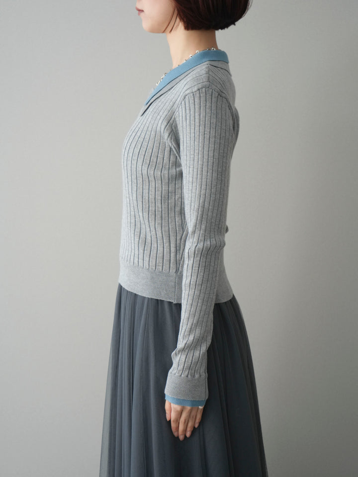 [予約]ダブル襟ポロリブニットトップス/gray