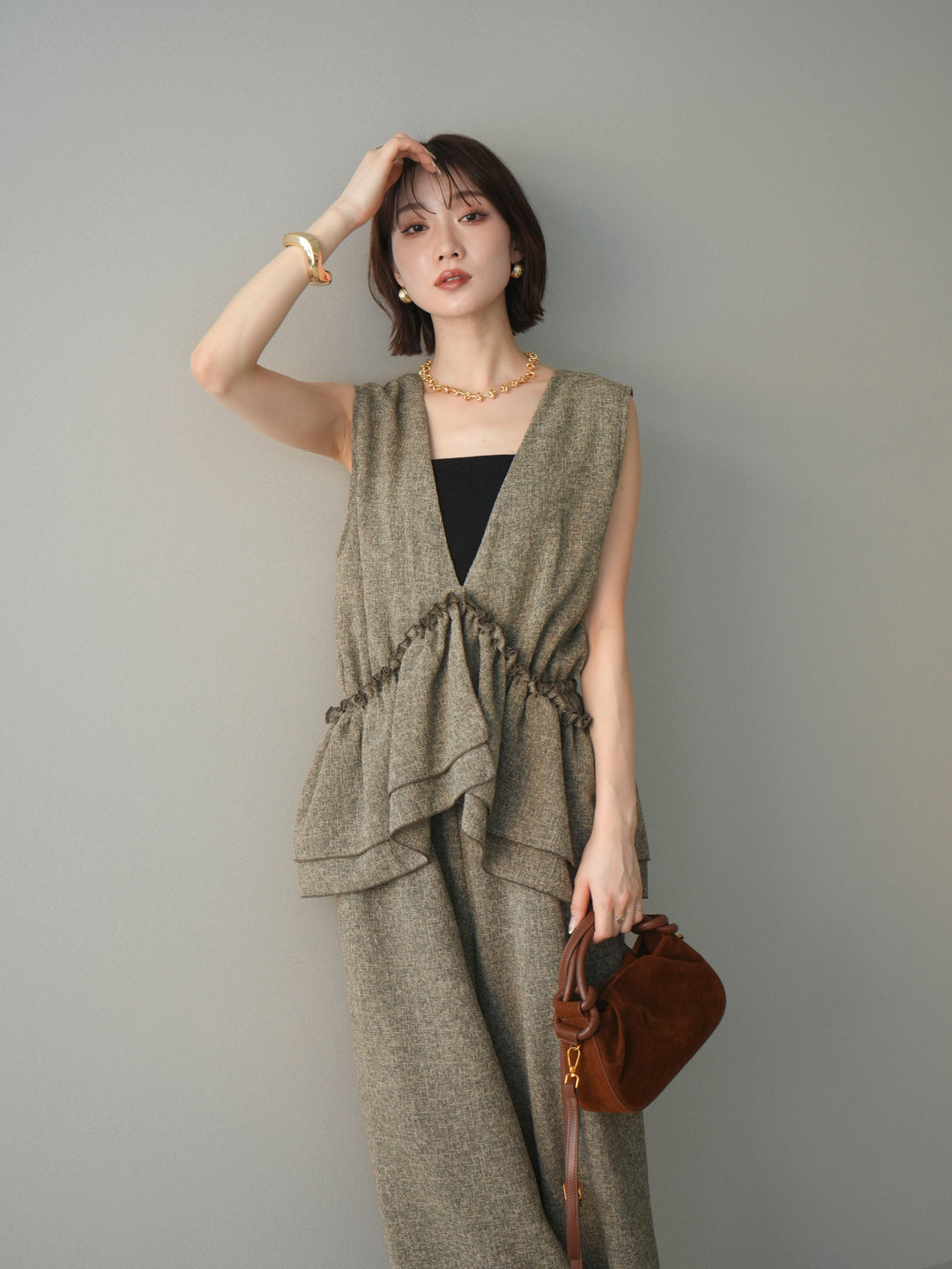 [SET]3WAYミックスツイードギャザーオールインワン+選べるアクセセット(2set)