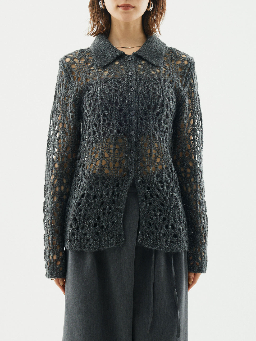 [予約]ローゲージ透かし編みポロニッカーディガン/チャコール