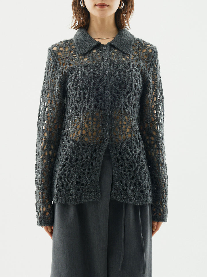 [予約]ローゲージ透かし編みポロニッカーディガン/チャコール