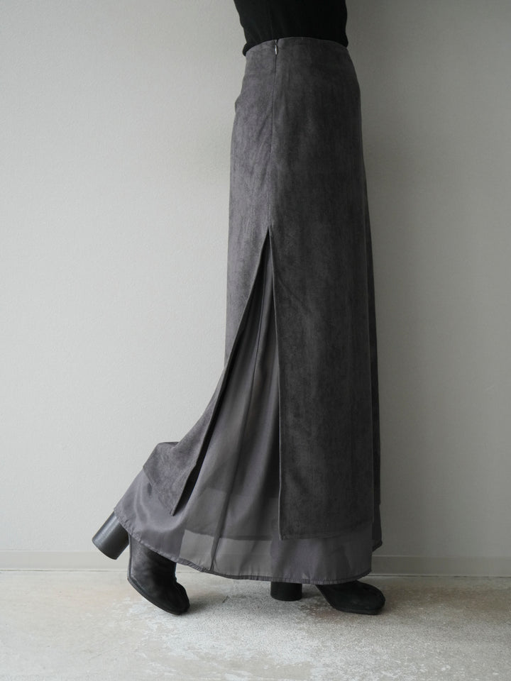 [予約]サイドスリットスウェードドッキングシフォンスカート/グレー