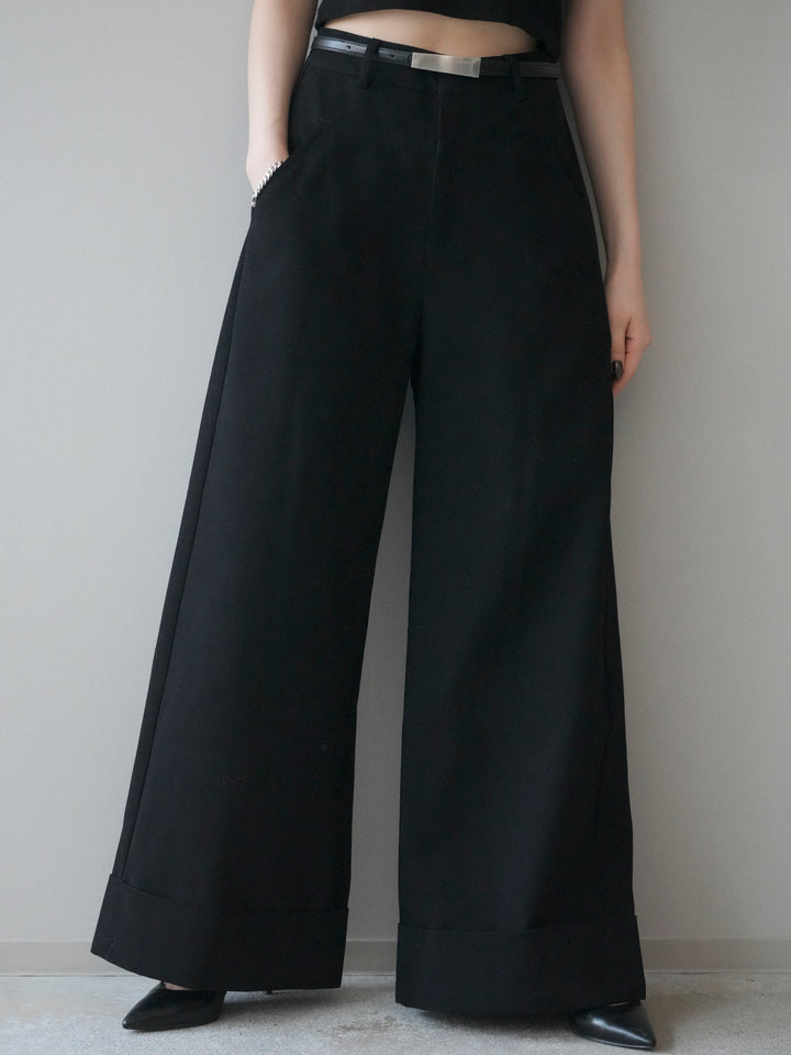 [予約]ベルト付き折り返しコットンツイルワイドパンツ/black