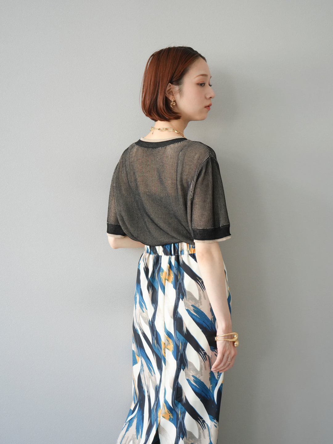 [SET]リネンタッチ配色二重臼ハーフニットトップス+選べるアソート柄スカートセット(2set)