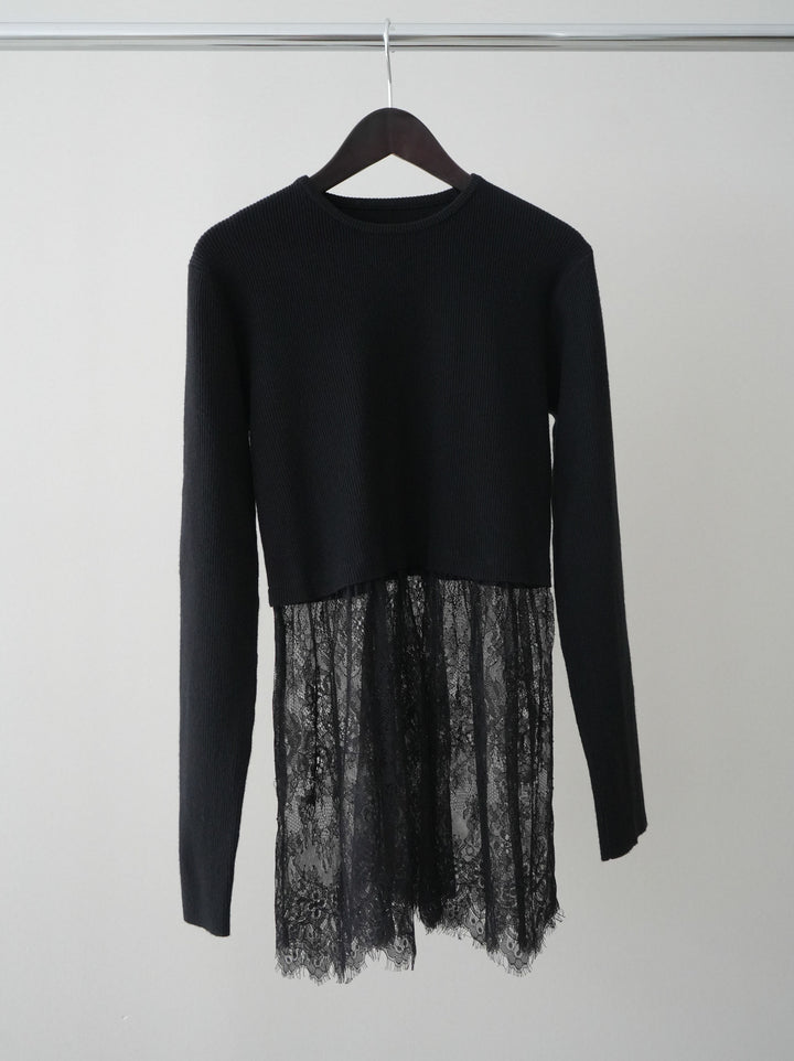 [SET]クルーネックレースドッキングリブニットトップス+センターシームフレアパンツ(2set)