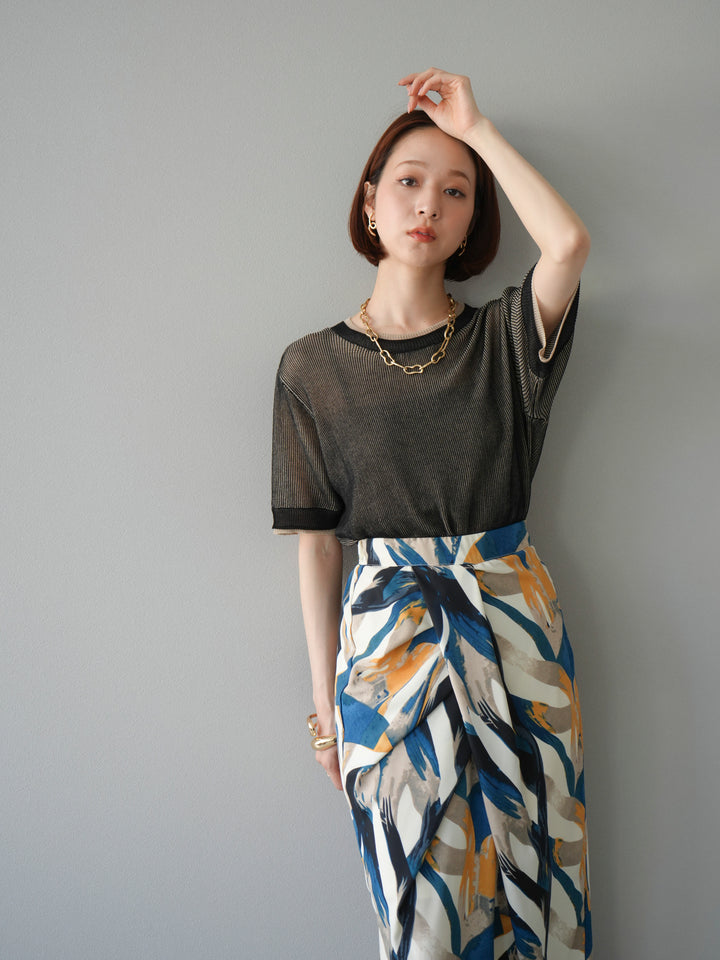 [SET]リネンタッチ配色二重臼ハーフニットトップス+選べるアソート柄スカートセット(2set)