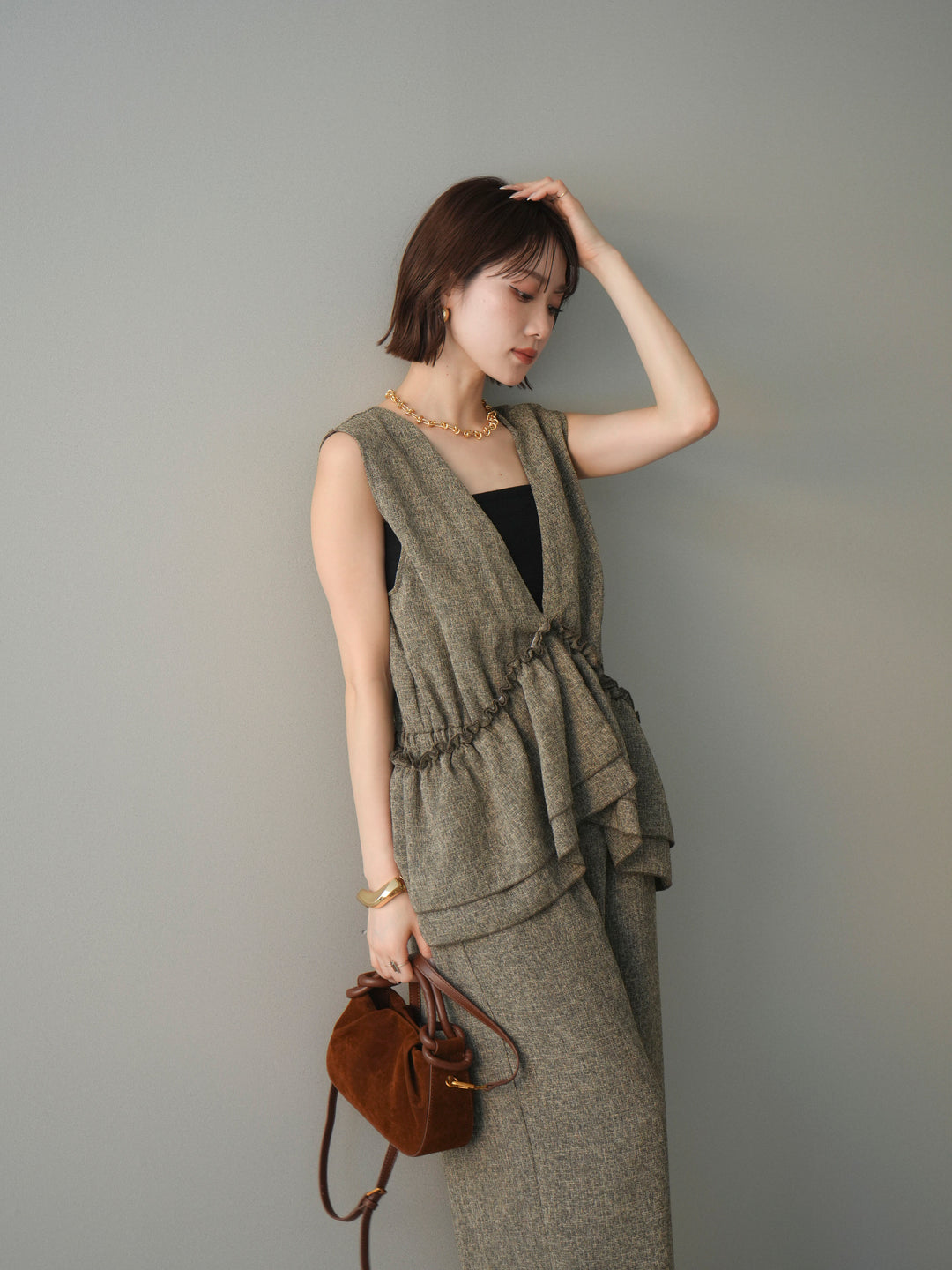 [SET]3WAYミックスツイードギャザーオールインワン+選べるアクセセット(2set)