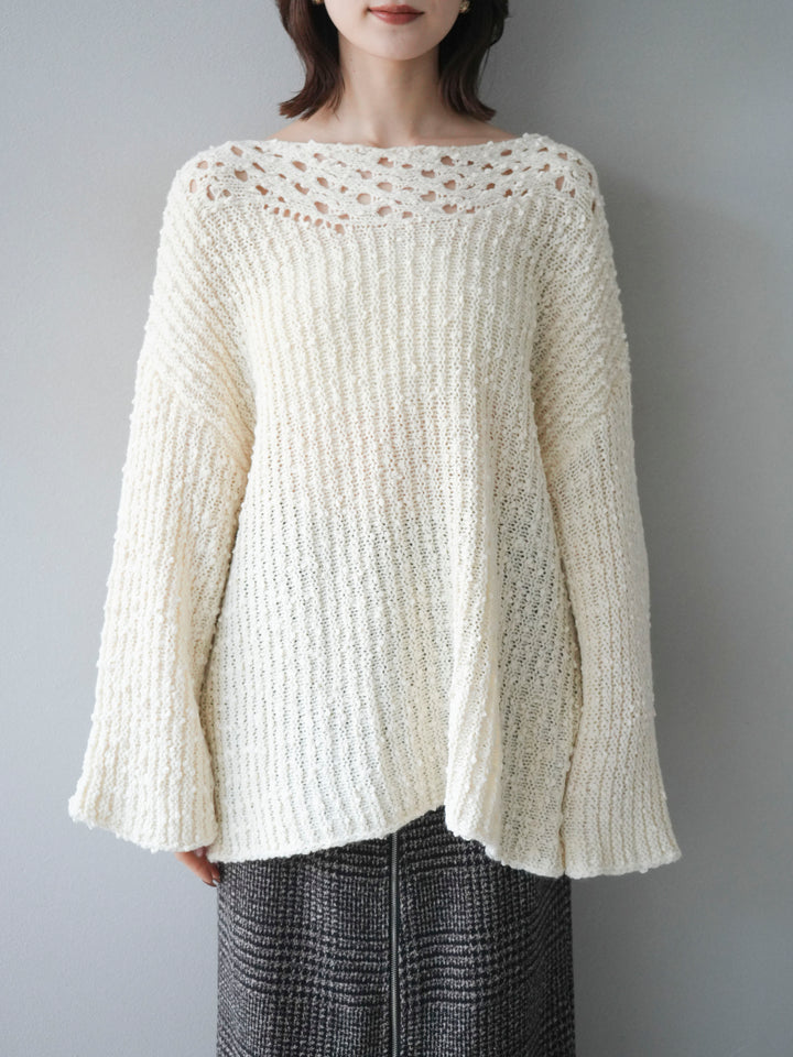[予約]ボートネック透かし編みニットプルオーバー/white