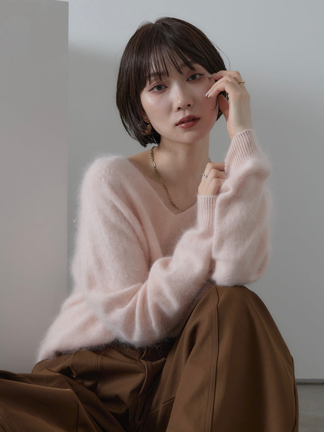 [予約]Vネックモヘアニットプルオーバー/pink