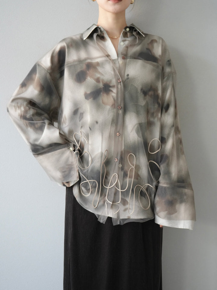 [SET]コード刺繍チュールシャツ＆ニュアンス柄シャツアンサンブル+ベロアナロースカート(2set)