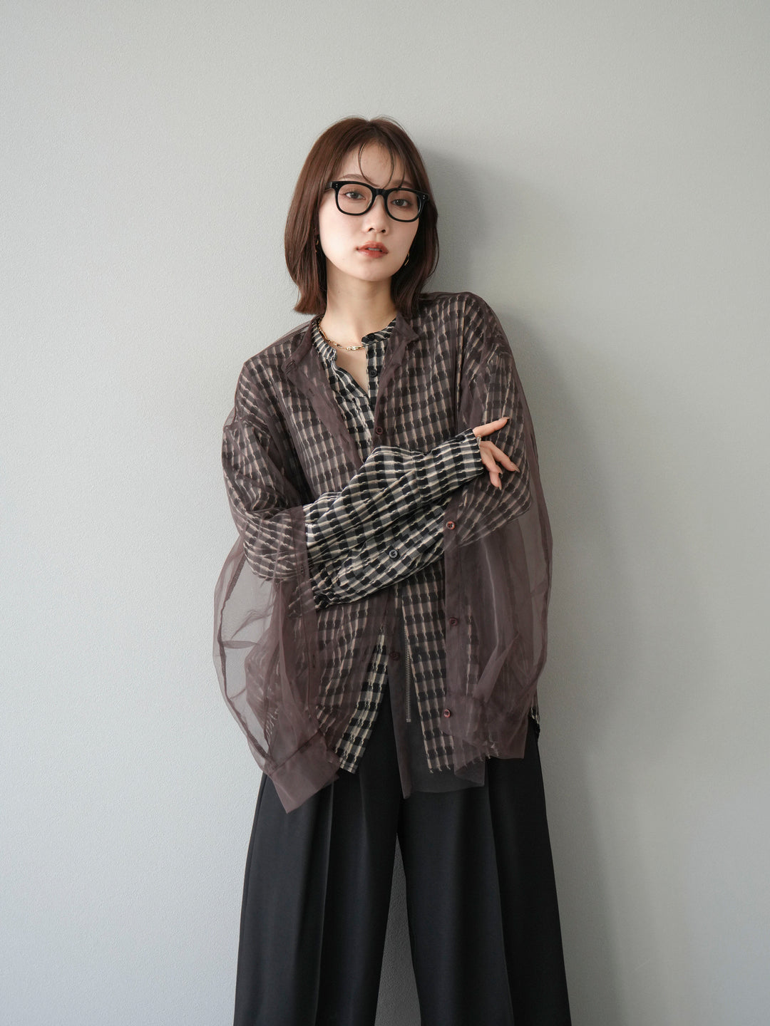 [予約]チェック柄2WAYスリーブバンドカラーシャツ/ベージュブラック