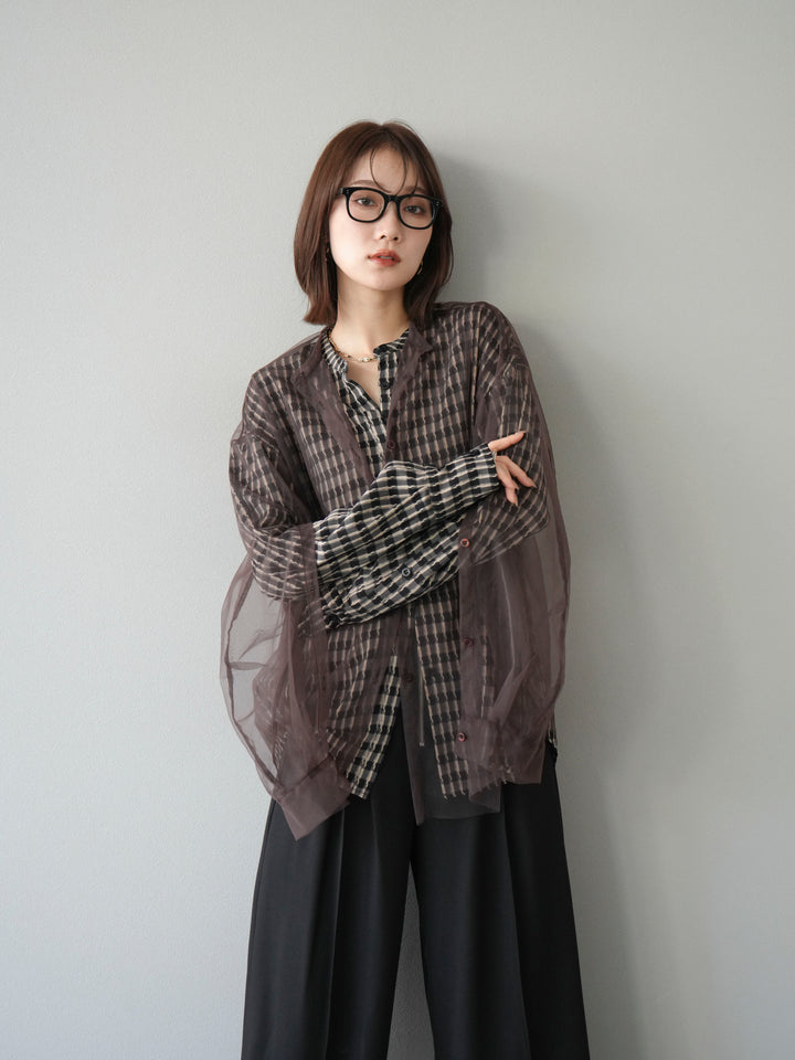 [予約]チェック柄2WAYスリーブバンドカラーシャツ/ベージュブラック