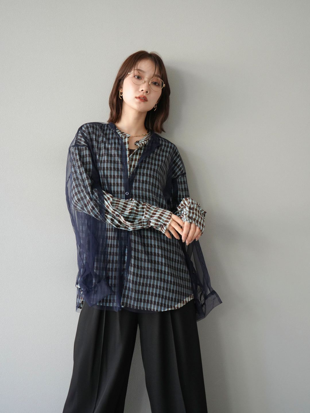 [予約]チェック柄2WAYスリーブバンドカラーシャツ/ブルーブラウン