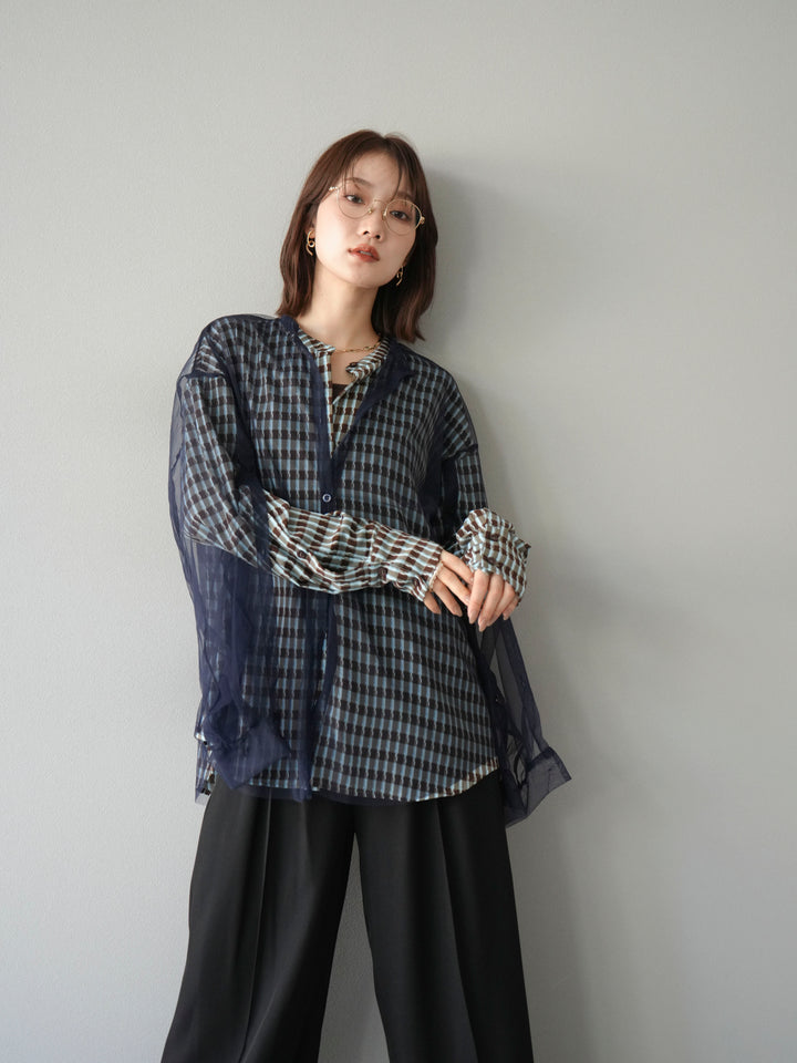 [予約]チェック柄2WAYスリーブバンドカラーシャツ/ブルーブラウン