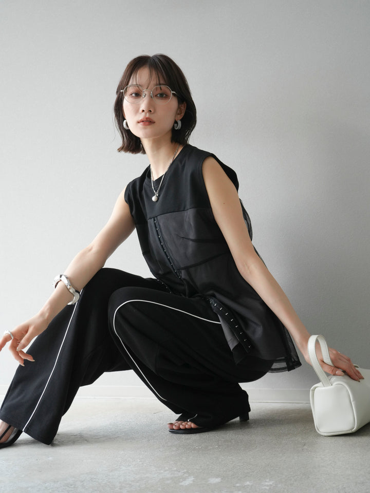 [預購] 薄紗對接鉤設計剪裁套頭衫/黑色