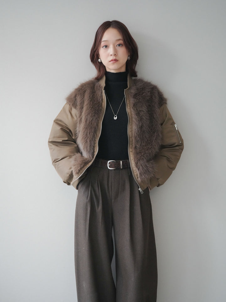 [SET]ファードッキングMA-1+アニマル柄ベルト付きウールタッチワイドパンツ(2set)