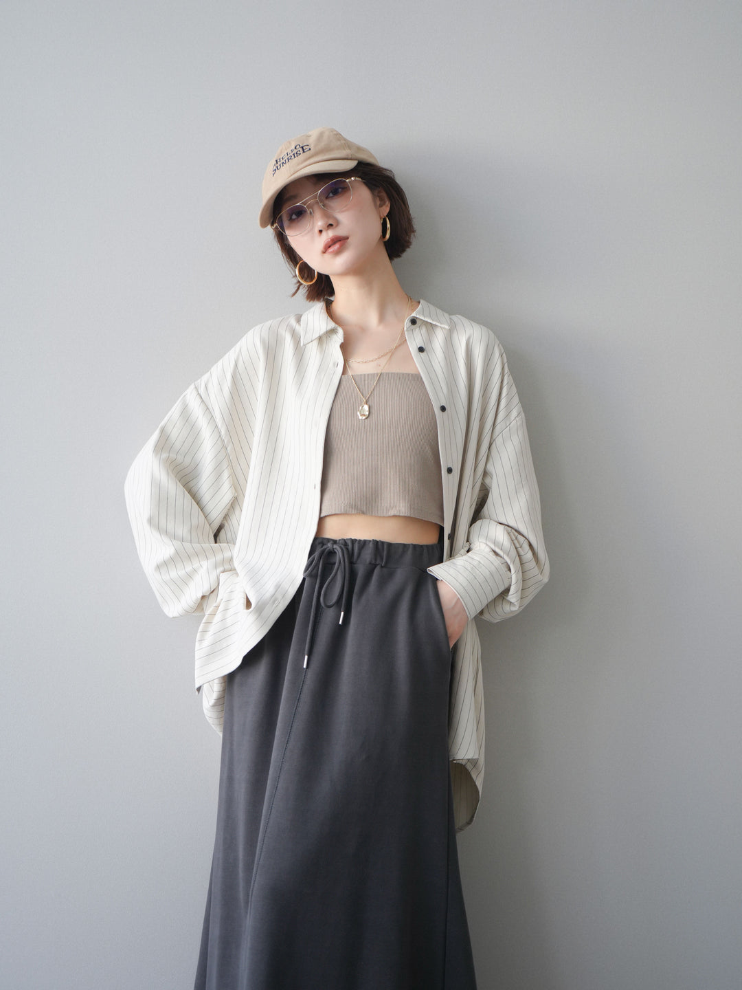 [SET]2WAYカシュクールストライプブラウス+スウェットフレアロングスカート(2set)