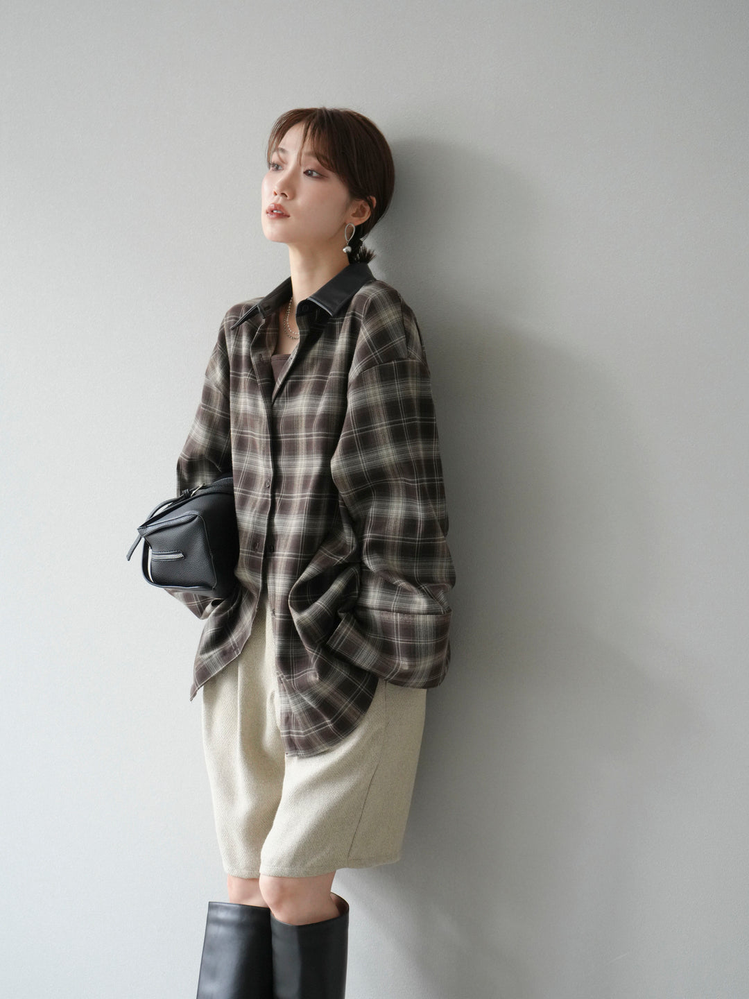 【着回しセット】[SET]レザー襟オンブレチェックオーバーシャツ +クラッシュベロアナロースカート+ツイードハーフパンツ(3set)