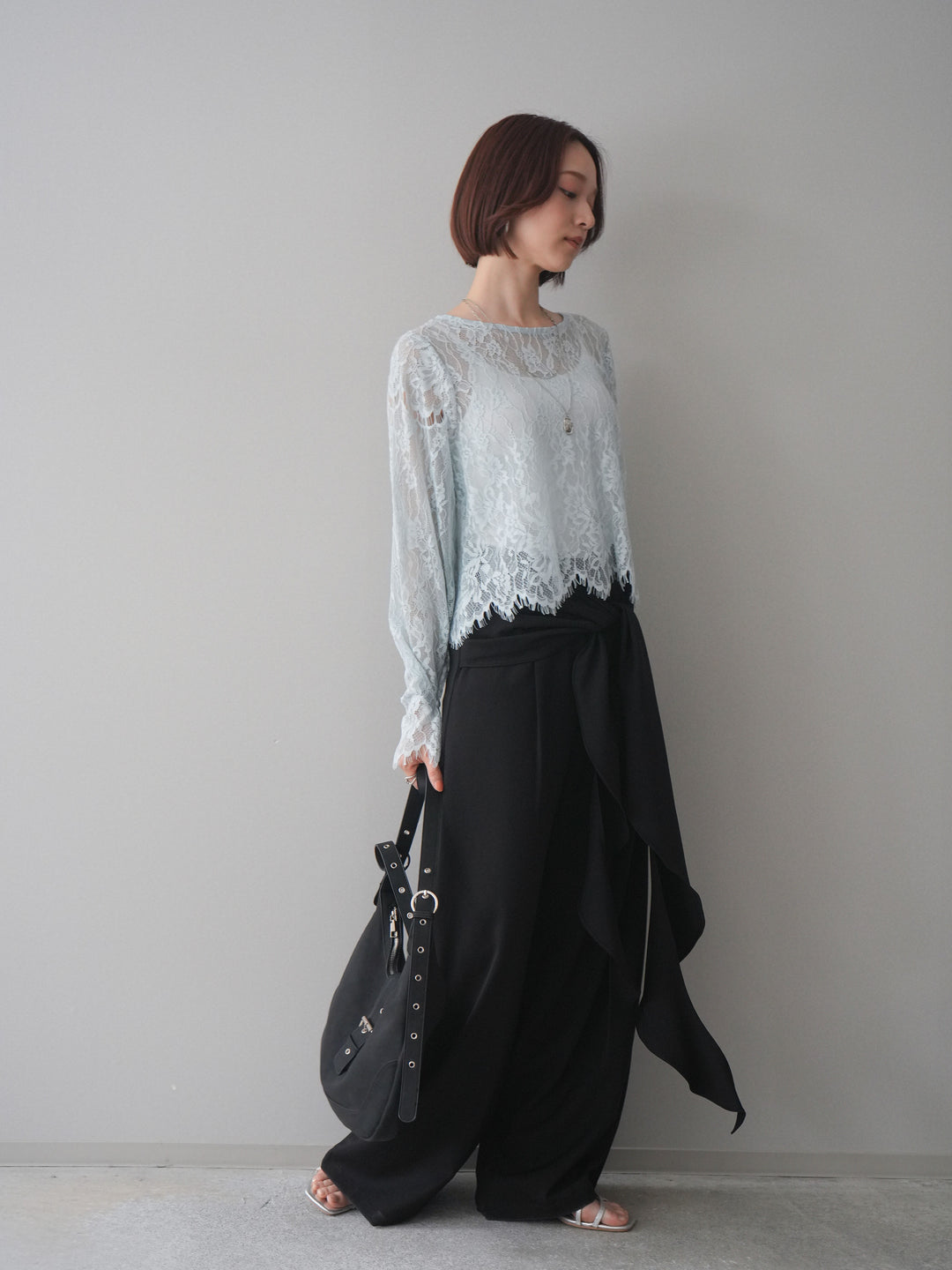 [SET]2WAYスリーブレーストップス+ラッフルベルトワイドパンツ(2set)