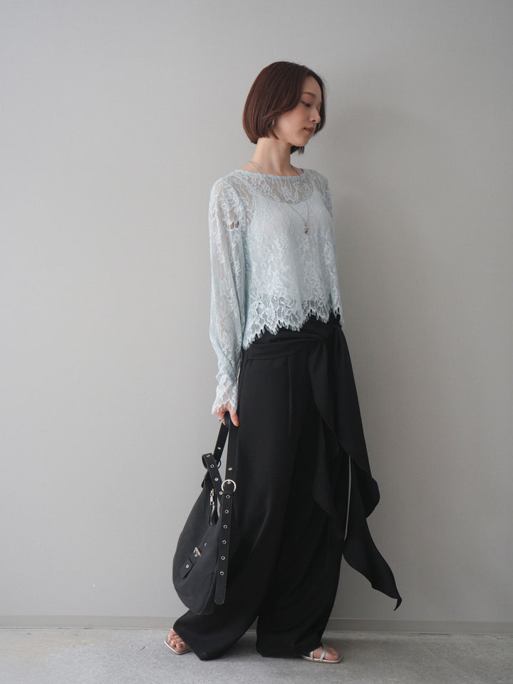 [SET]2WAYスリーブレーストップス+ラッフルベルトワイドパンツ(2set)