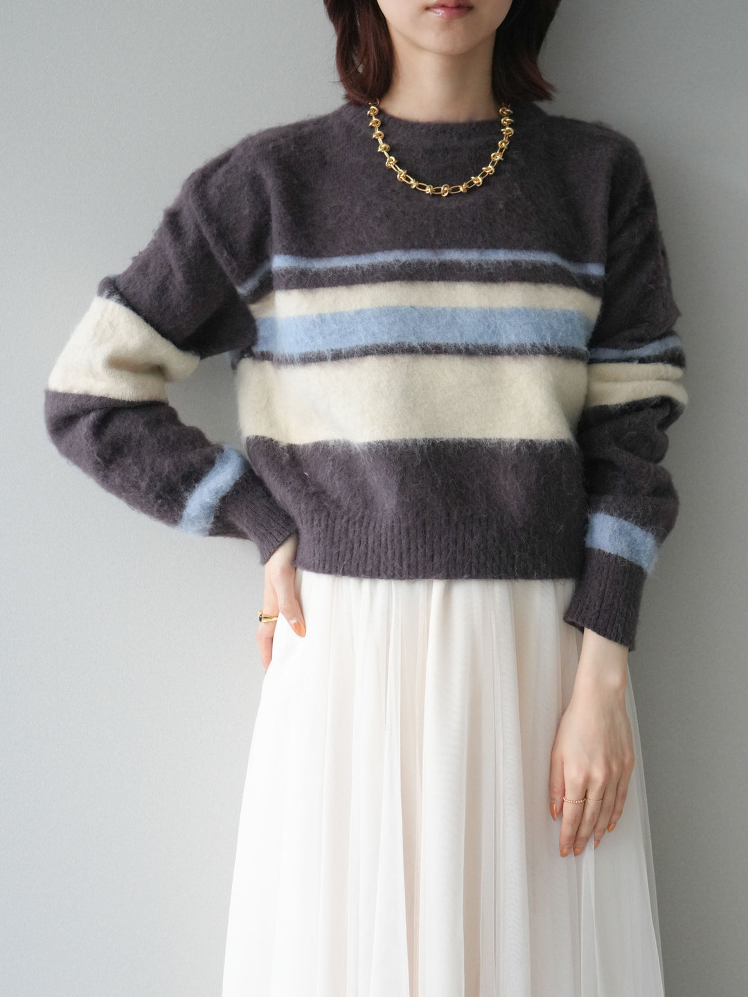 [SET]ソフトタッチボーダークロップドニットプルオーバー+チュールボリュームスカート(2set)