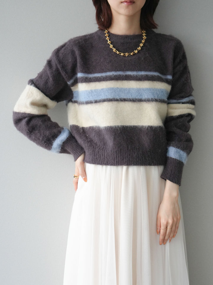 [SET]ソフトタッチボーダークロップドニットプルオーバー+チュールボリュームスカート(2set)