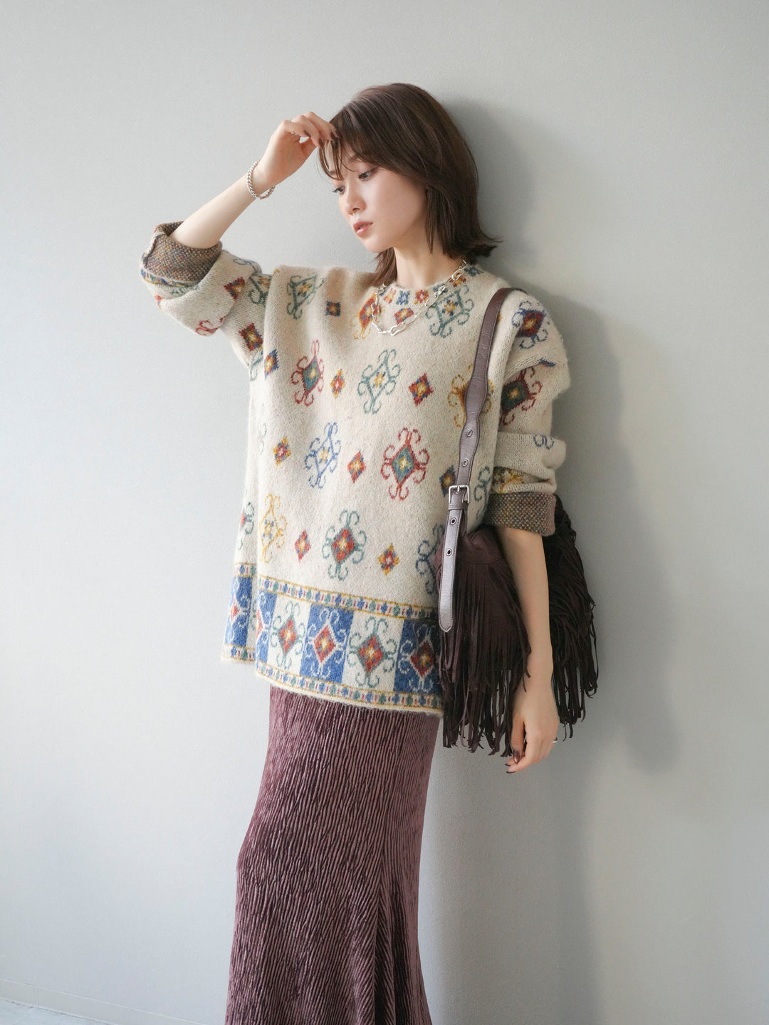 [予約]ヴィンテージ柄オーバーニットプルオーバー/アイボリー