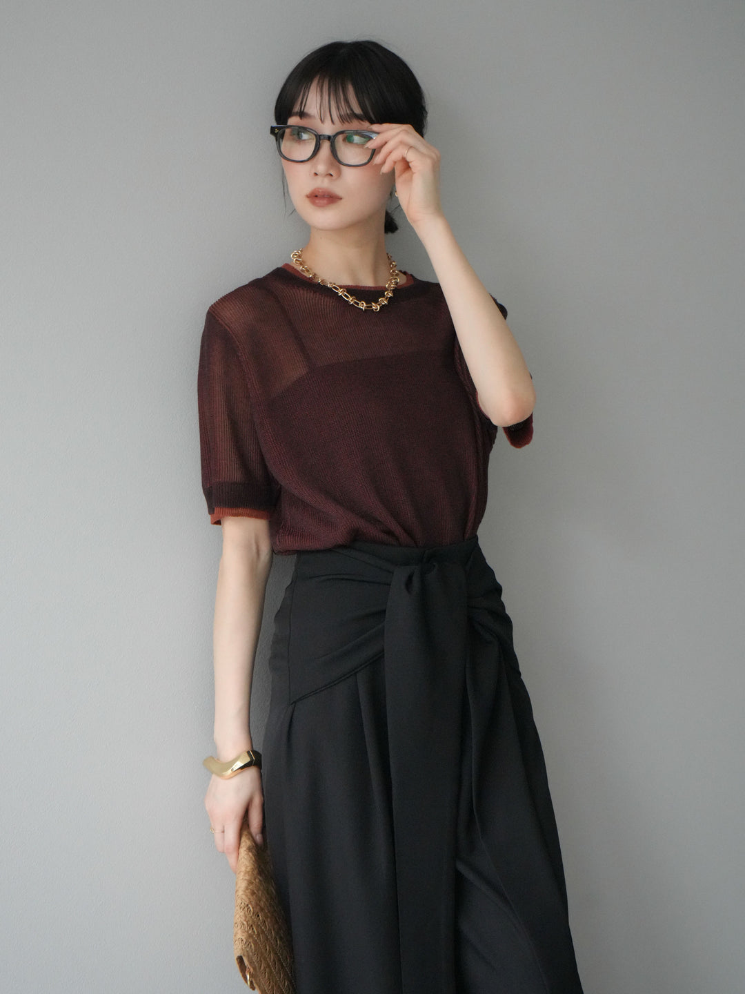 [SET]リネンタッチ配色二重臼ハーフニットトップス+ウエスト巻きデザインワイドパンツ(2set)