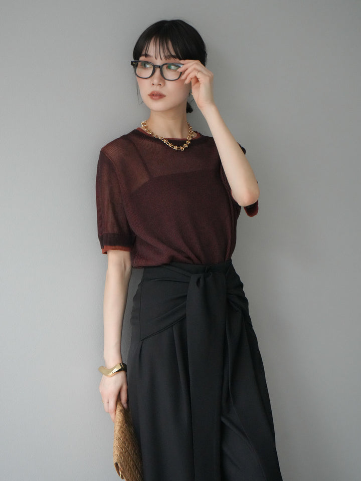 [SET]リネンタッチ配色二重臼ハーフニットトップス+ウエスト巻きデザインワイドパンツ(2set)