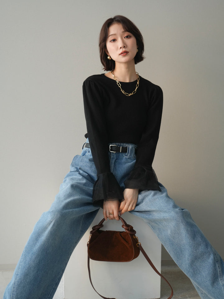 [SET]袖チュールパワショルリブニットトップス+ハイウエストベルトループデザインデニムパンツ(2set)