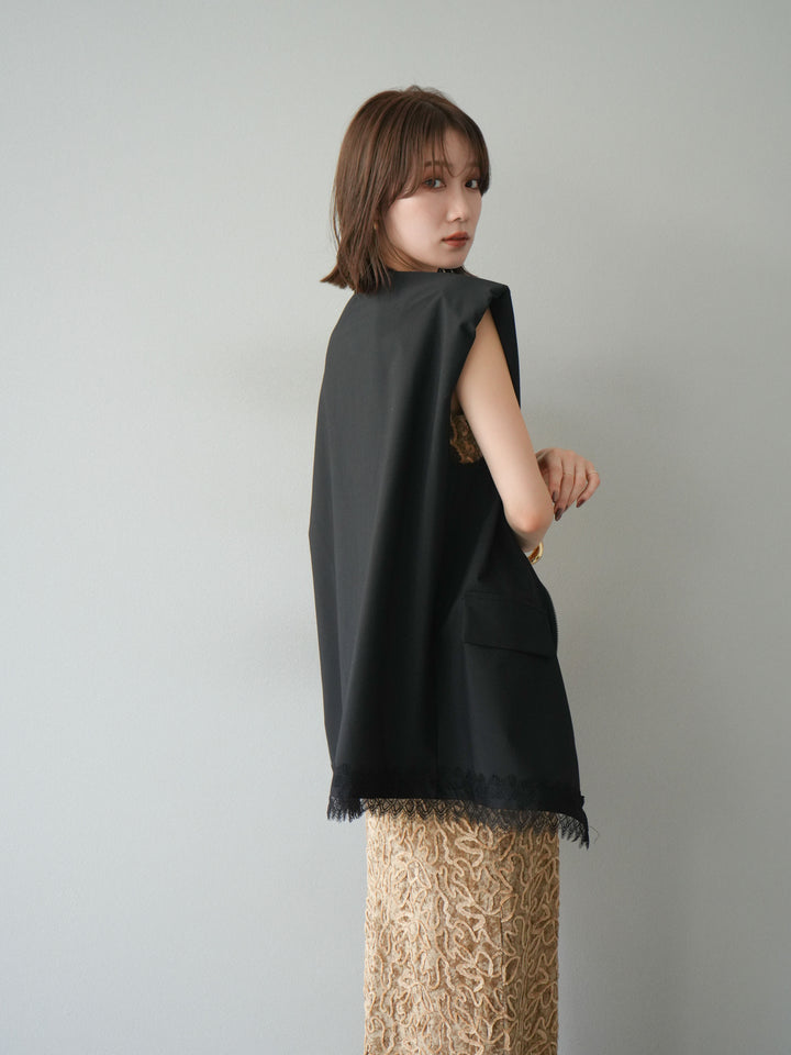 [預購] 雙拉鍊蕾絲下擺背心/黑色