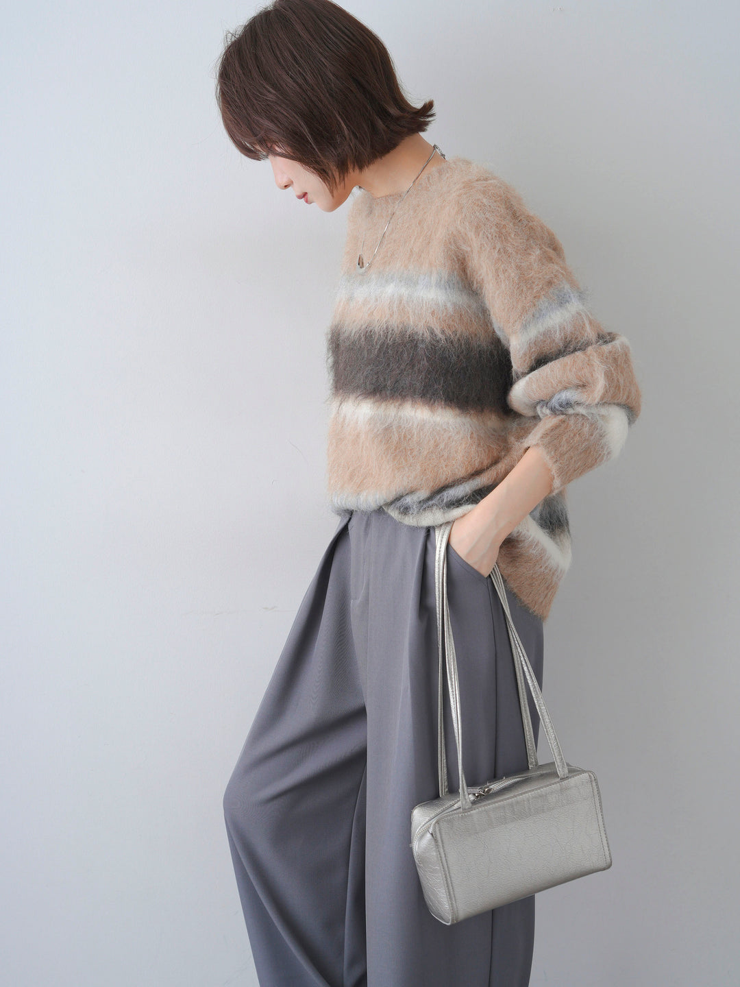 [予約]カラフルボーダーシャギーニットプルオーバー/beige