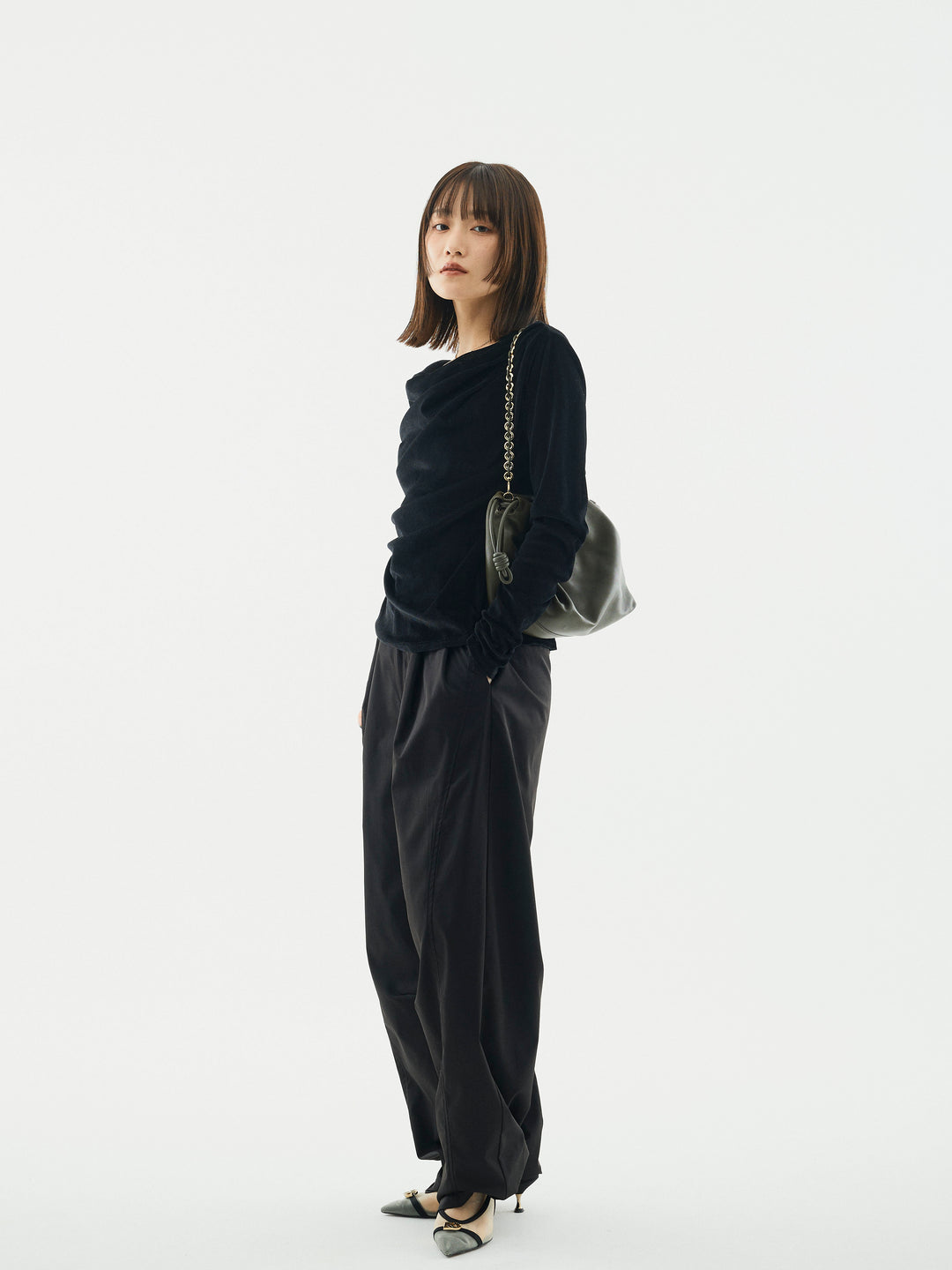 【Allure】[SET]シアーベロアタックデザイントップス+タフタワイドカーブパンツ(2set)