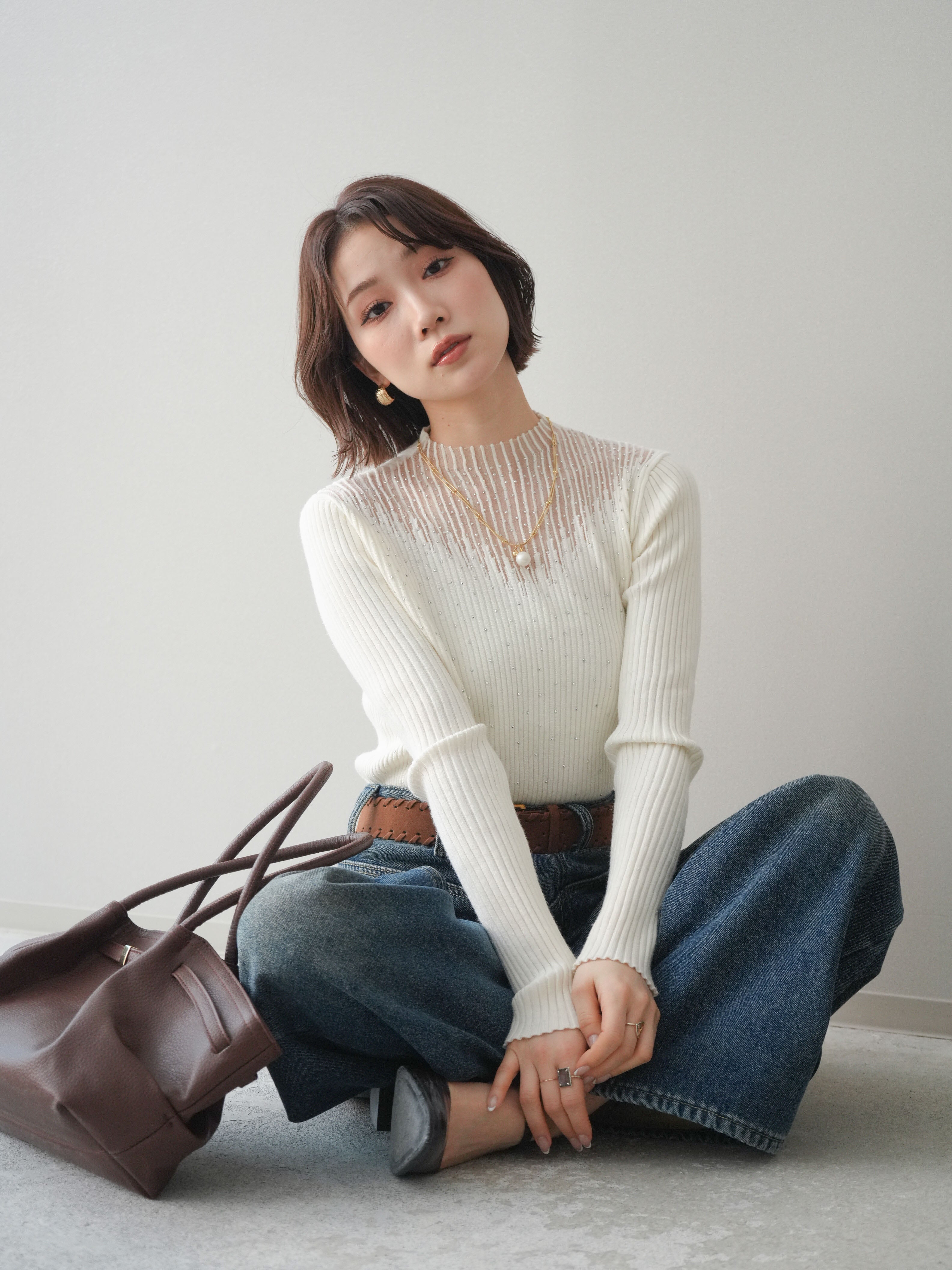 予約]シアー切替スパンコールリブニットトップス/ivory – Lumier