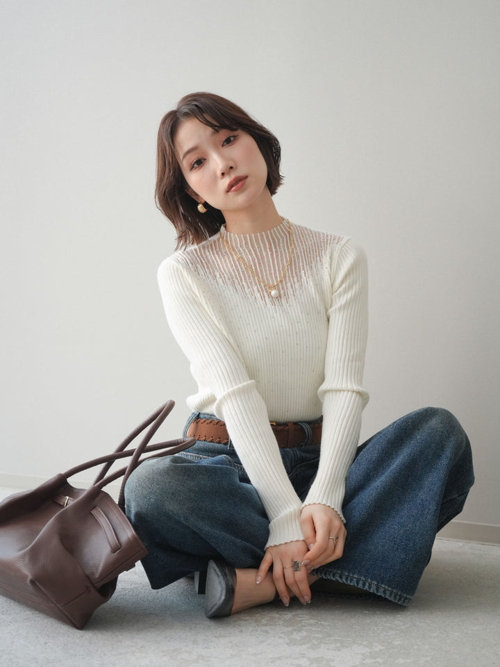 [予約]シアー切替スパンコールリブニットトップス/ivory