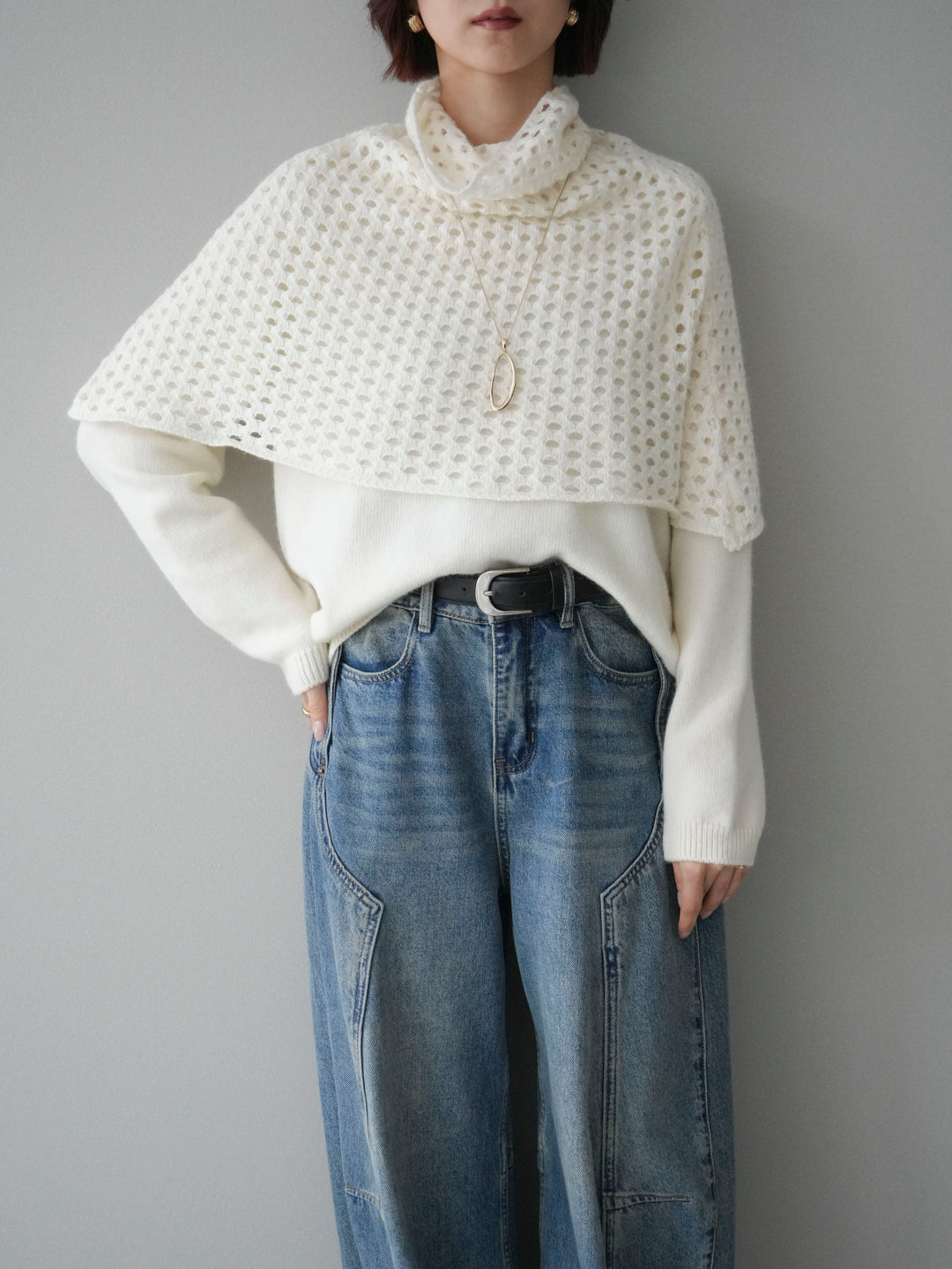 [予約]メッシュケープアンサンブルニットプルオーバー/white