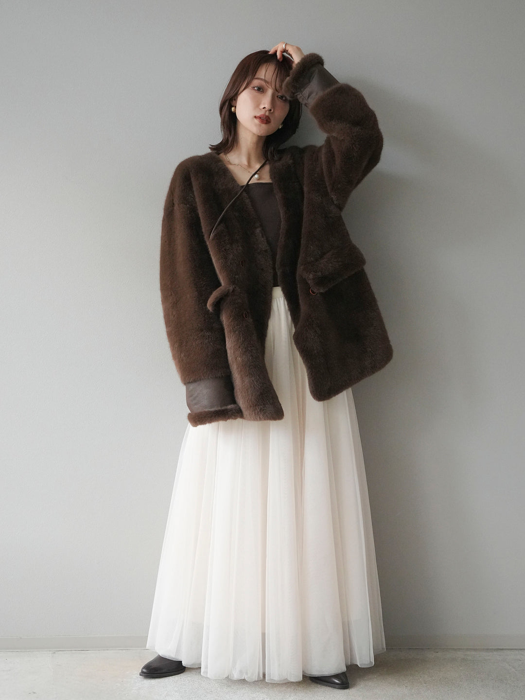 [SET]バッグ付エコファーノーカラーコート+チュールボリュームスカート(2set)