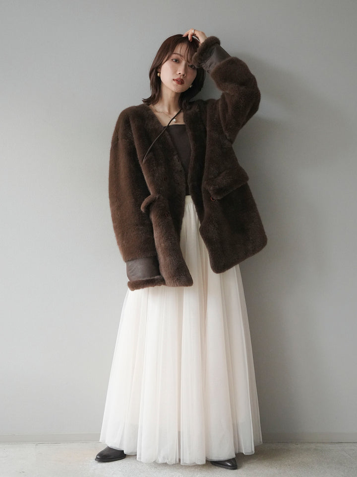 [SET]バッグ付エコファーノーカラーコート+チュールボリュームスカート(2set)