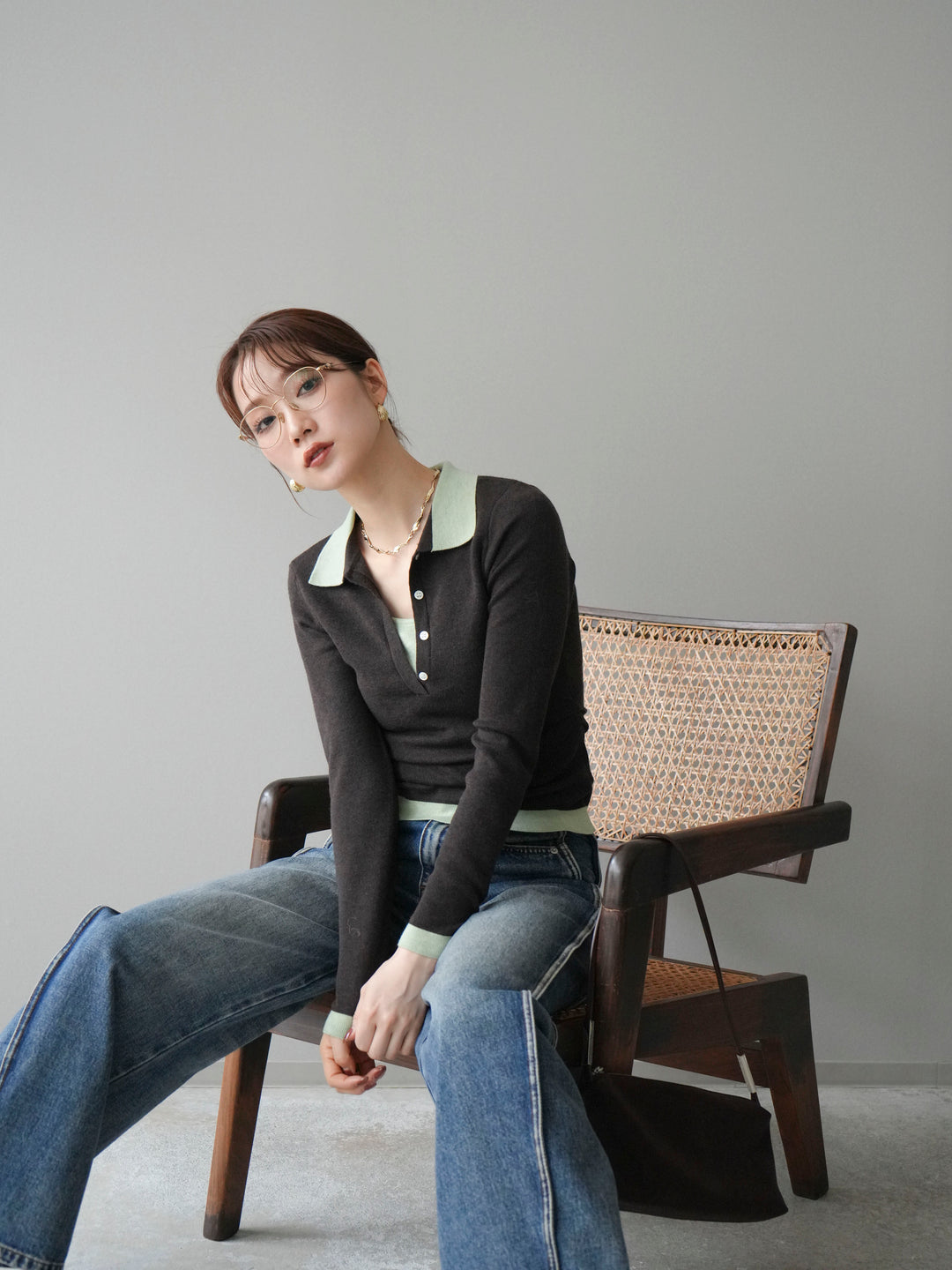 [予約]レイヤード配色ポロニットトップス/darkbrown