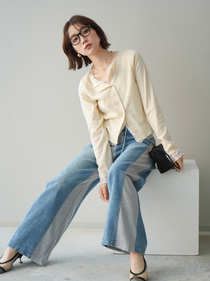 [SET]レースドッキングテレコリブカーディガン+デニム切替スウェットパンツ(2set)