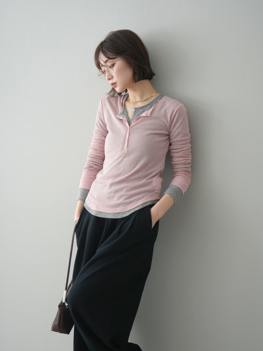 [予約]シアーリブヘンリーネックロンT/pink