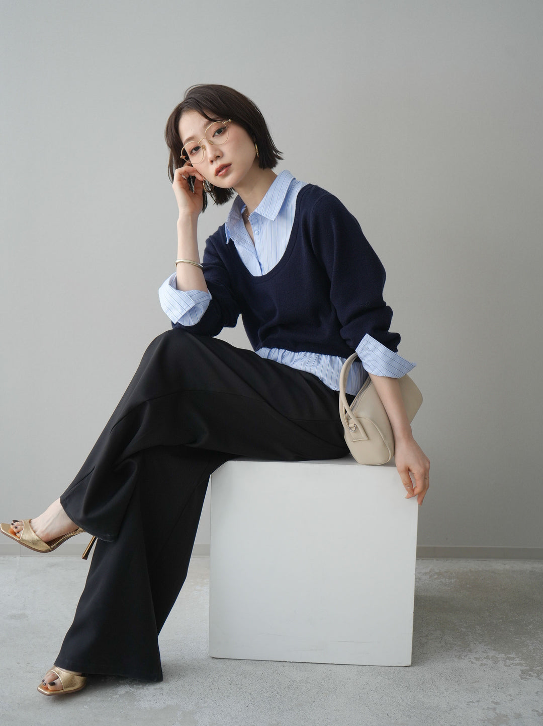 [予約]ストライプシャツUネックドッキングニットプルオーバー/navybluestripeB